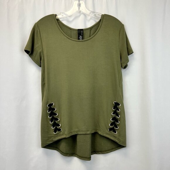 Bobi Los Angeles Womens Blouse Olive Green Short Sleeve Lace Up Detail Pleat S - Picture 1 of 10